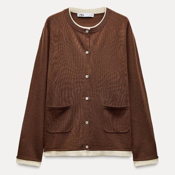 NWT Zara Contrast Trim Knit Cardigan Sweater Brown Long Sleeve Size Medium - Picture 1 of 12